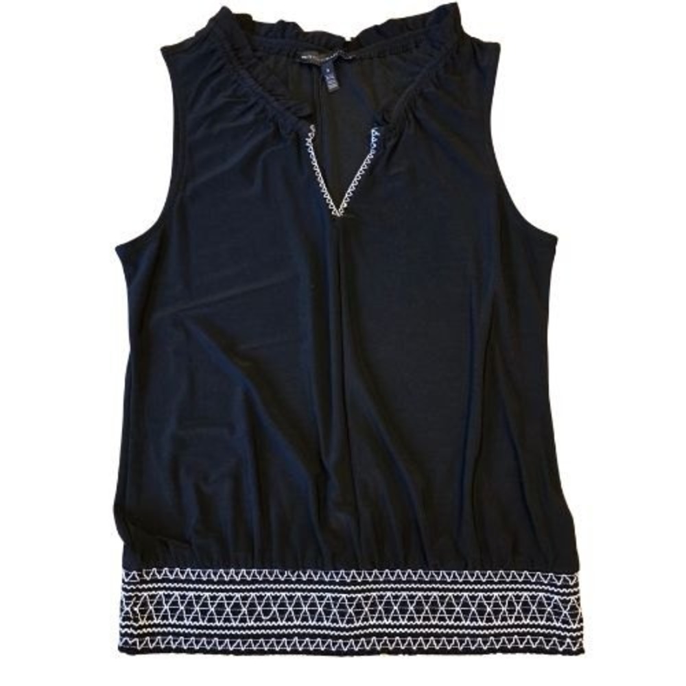 White House Black Market S Black Gathered Smocked Hem Embroidered Blouse‎ Tank